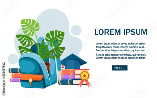 Colorful opened school bag with flower pot. Backpack with zippers. Cartoon design. Flat vector illustration on white background. Education concept, place for text, blue button