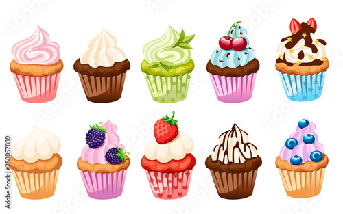 Collection of cupcakes with different ingredients. Set of sweet cakes. Colorful dessert. Flat vector illustration isolated on white background