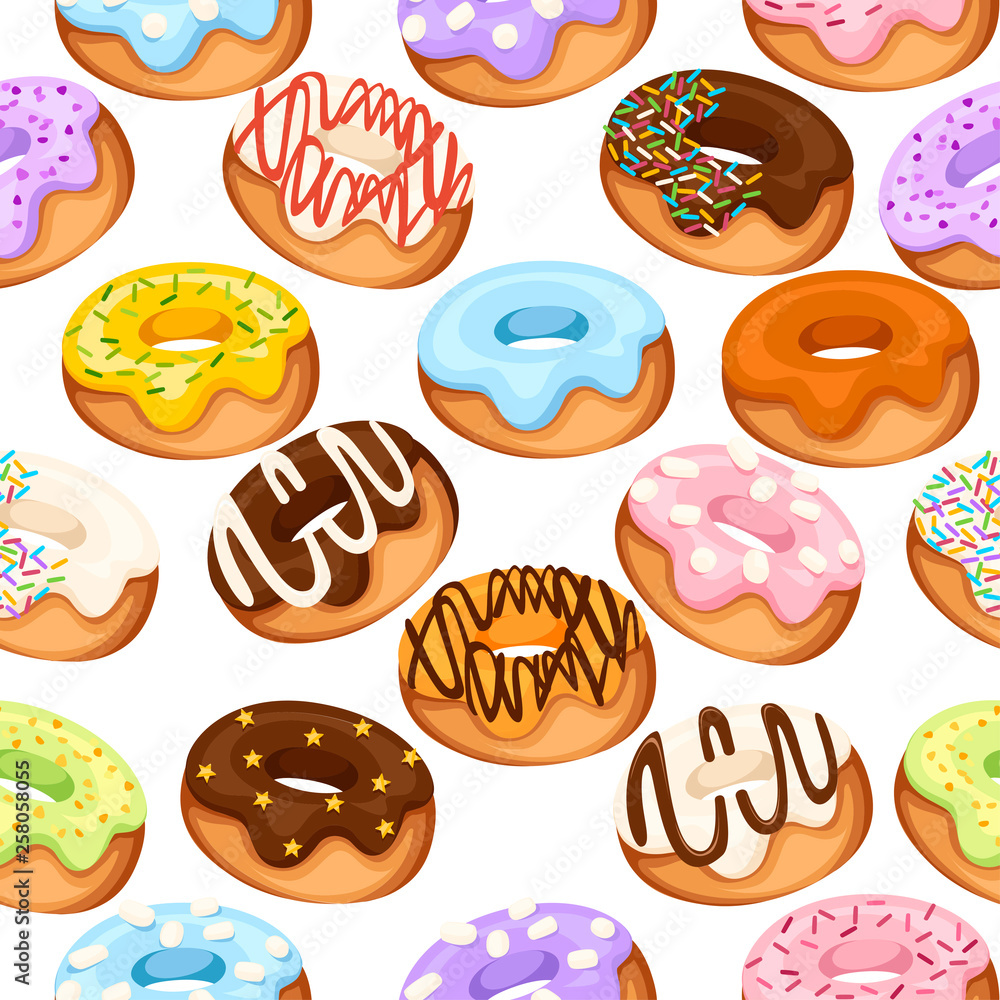 Seamless pattern. Set of cartoon colorful donuts. Dessert with cream. Flat vector illustration on white background. Sweet sugar icing donuts Seamless pattern. Set of cartoon colorful donuts. Dessert with cream. Flat vector illustration on white background. Sweet sugar icing donuts