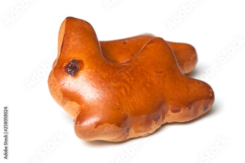 closeup of traditional buns in shaped rabbit with dried raisin on white background