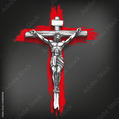 Jesus Christ, the Son of God, crucified on a wooden cross, symbol of Christianity hand drawn vector illustration sketch