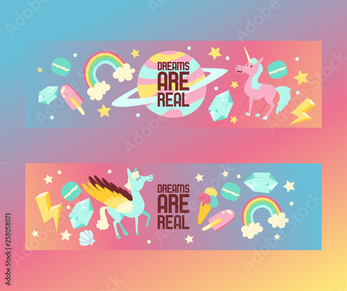 Kids dreams vector cartoon unicorn character of girlish horse with horn and colorful ponytail rainbow sweets icecream illustration backdrop set of fantasy child ponytailed animal background