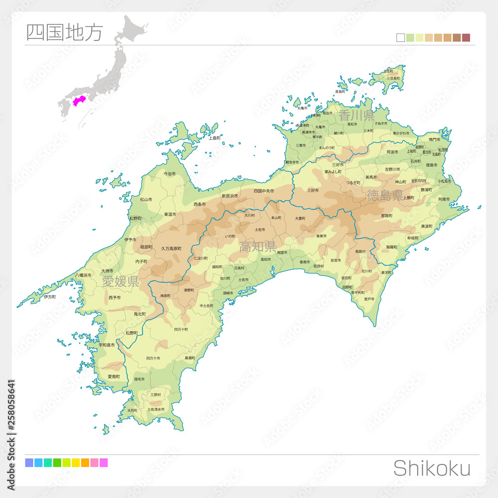 四国地方の地図 Shikoku 等高線 色分け Stock Vector Adobe Stock