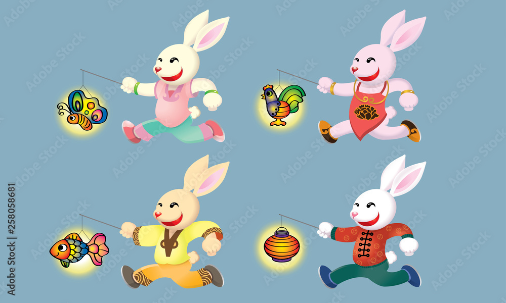 Rabbits with traditional costume playing with lanterns, isolated.