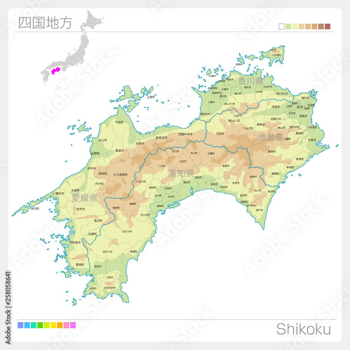 四国地方の地図 Shikoku 等高線 色分け Stock Vector Adobe Stock