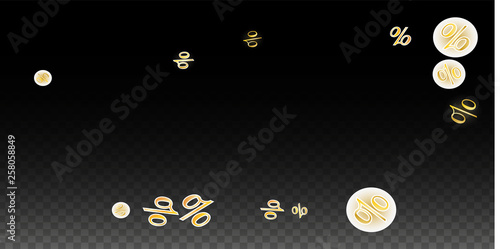 Luxury Vector Gold Percentage Sign Confetti on Transparent. Percent Sale Background. Business, Economics Print. Discount Illustration. Promotion Poster. Black Friday Banner. Special offer Template.