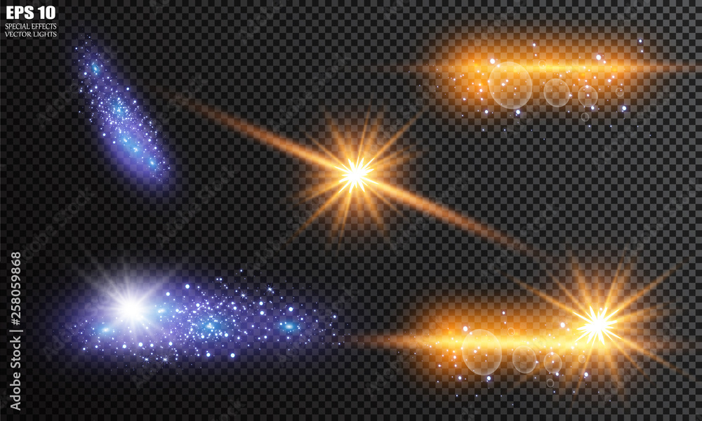 Vector illustration of abstract flare light rays. A set of stars, light and radiance, rays and brightness. Glow light effect. Vector illustration. Christmas flash Concept