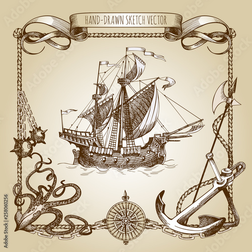 Adventure stories. Pirate background. Vintage border frame. Old caravel, vintage sailboat, sea monster.