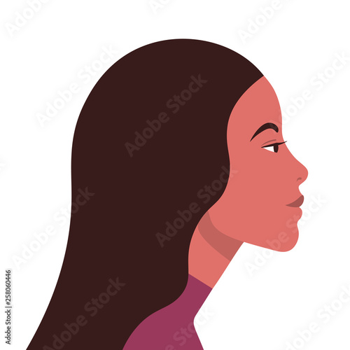 Latin American head in profile. Hispanic woman. Races and nationalities of the world. Vector flat illustration