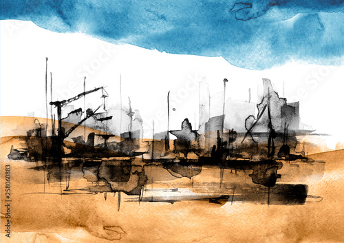 Watercolor art illustration. splash of paint, stain. black Silhouettes industrial city zone, urban landscape. Watercolor logo, drawing. Construction, crane, silhouette of the port. Abstract painting
