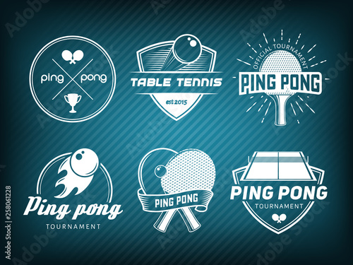 Vector ping pong logos. Set of table tennis badges for tournament, championship or tennis club. Labels with rackets, balls and equipment