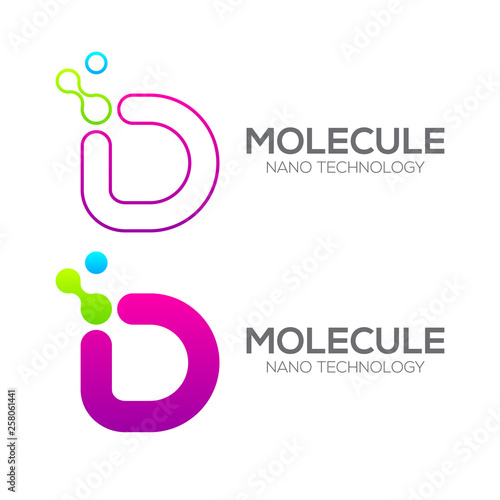 Letter D with Dot and Curve ,Circles shape connected, Molecule and Nano Technology logotype, innovation tech, Medicine, Science, Laboratory, Cosmetics