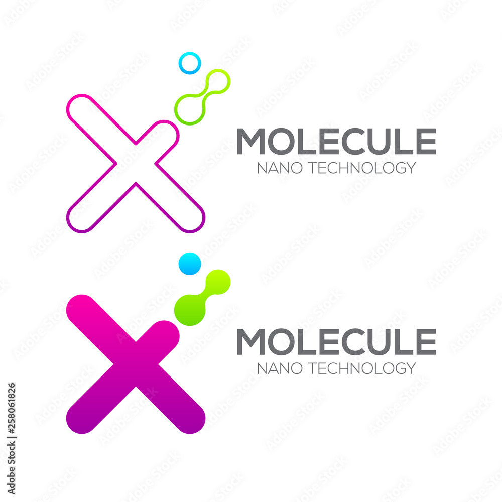 Letter X with Dot and Curve ,Circles shape connected, Molecule and Nano Technology logotype, innovation tech, Medicine, Science, Laboratory, Cosmetics