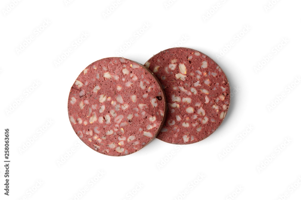 Blood sausage isolated on white background. Blood sausage isolated on white background.