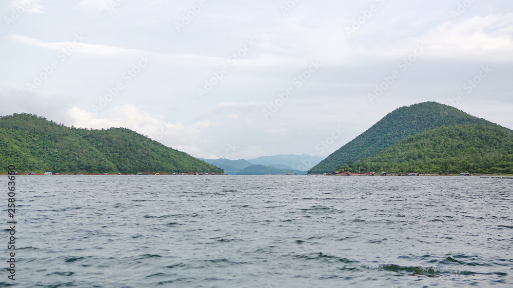 View of the lake with mountain at kanchanaburi, Thailand.