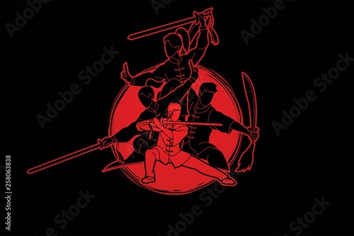 Kung Fu, Wushu with swords, Group of people pose kung fu fighting action graphic vector.