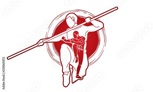 Kung Fu with quarterstaff action cartoon graphic vector.