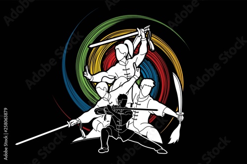 Kung Fu, Wushu with swords, Group of people pose kung fu fighting action graphic vector.
