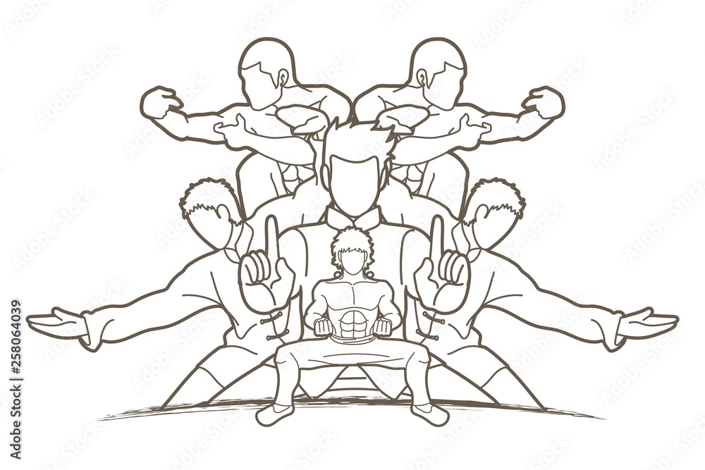 Group of people pose kung fu fighting action graphic vector.