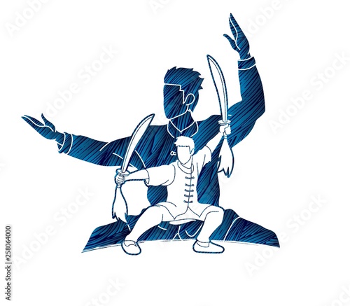 Kung Fu, Wushu with swords pose graphic vector.