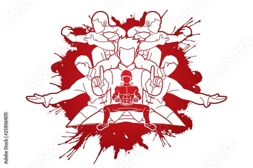 Group of people pose kung fu fighting action graphic vector.