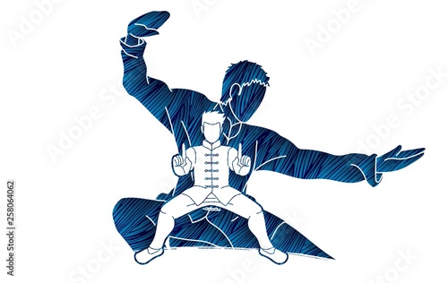 Kung Fu fighter, Martial arts action pose cartoon graphic vector