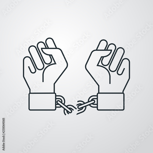 Icono plano manos con cadena rota en fondo gris