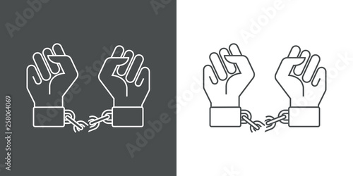 Icono plano manos con cadena rota en gris y blanco