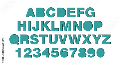 Vector craft paper cut blue shapes font. Paper art style alphabet and numbers, typography ABC letters design. 3d characters isolated, origami typeface for logo. Cut out by scissors from paper.
