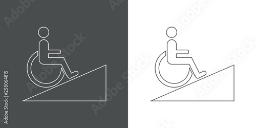 Icono plano lineal rampa con hombre en silla de ruedas en gris y blanco