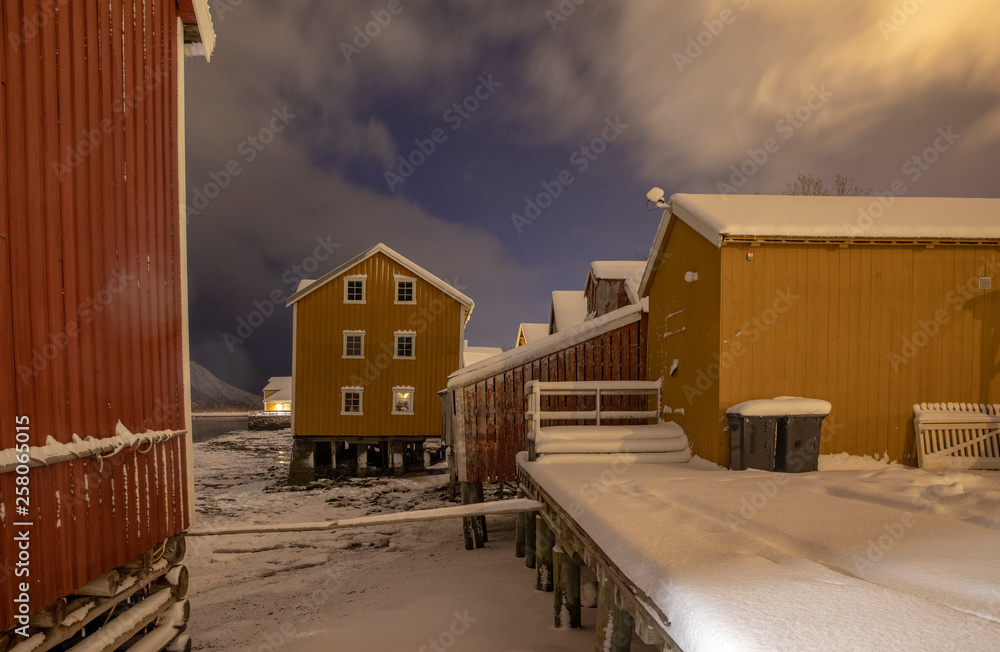 Part of old town by the river Vefsna at night	