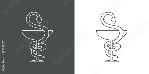 Icono plano lineal serpiente y copa en gris y blanco