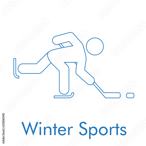 Logotipo con texto Winter Sports con icono lineal hockey hielo color azul
