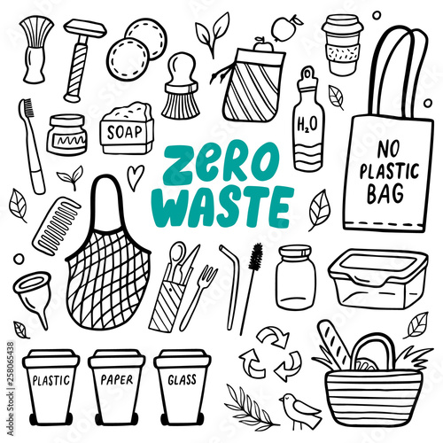 Black and white Eco style doodle elements of zero waste life. Go green. Hand-drawn vector illustration. Good for banner, postcard, background or flyer