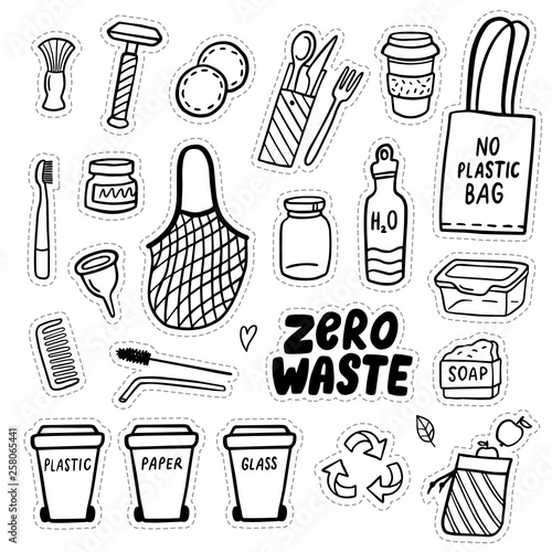 Set of eco-style doodle elements. Zero waste lifestyle. Go green. Hand-drawn vector illustration. Good for banner, postcard, background or flyer