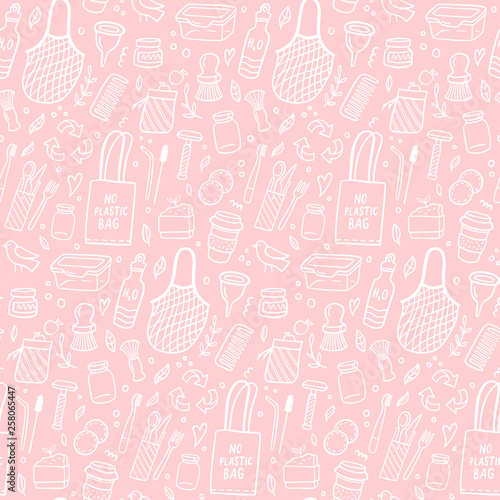 Big seamless pattern with zero waste elements on pink background. Linear doodles. Vector illustration.