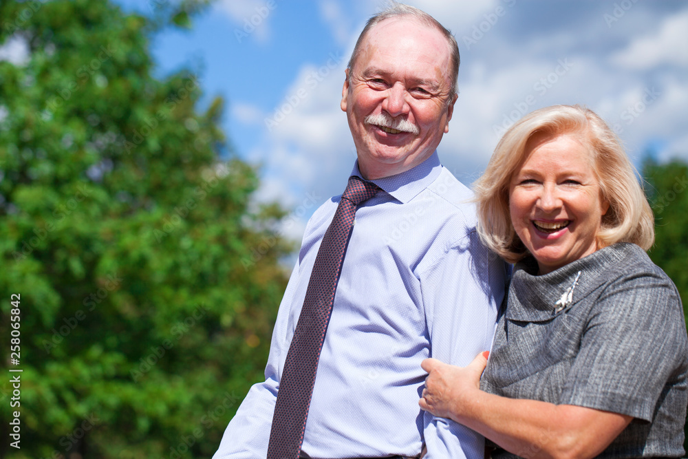 Senior couple walking in summer in park