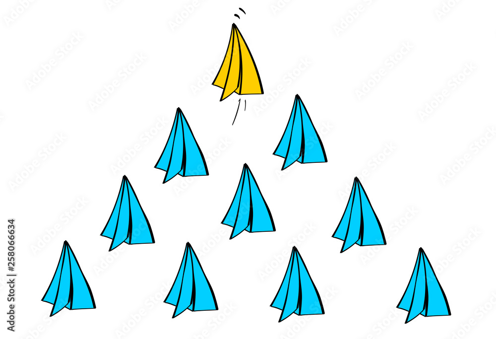 Leadership concept with Yellow paper plane leading among Blue paper planes on White background Leadership concept with Yellow paper plane leading among Blue paper planes on White background
