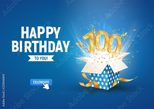 100 th years anniversary banner with open burst gift box. Template hundredth birthday celebration and abstract text on blue background vector illustration