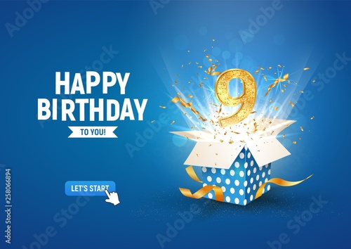 9 th years anniversary banner with open burst gift box. Template ninth birthday celebration and abstract text on blue background vector illustration