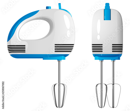 Manual electric kitchen mixer, front and side view. Isolated vector illustration on white background.