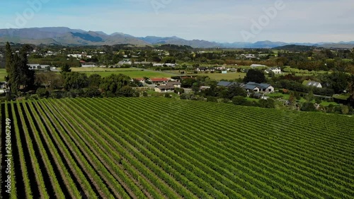 SLOWMO - Houses right by vineyard with mountains Southern Alps in back ground, Renwick, Marlborough Sounds, New Zealand - Aerial photo