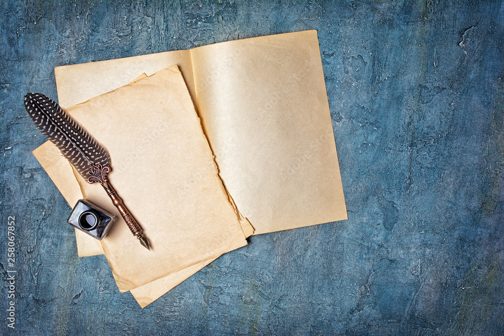 Mock up of empty vintage paper sheets with quill pen and bottle of