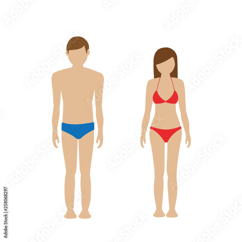 man and woman character in bathing suit bikini and swimming trunks isolated on white background vector illustration EPS10