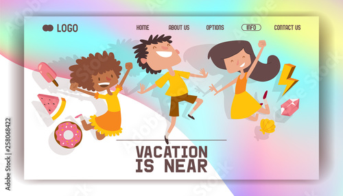 Happy kids vector web-page yong child character childhood happiness illustration holographic backdrop playful children and laughing boy or girl at school web site holography background