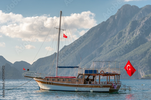 Fototapeta Naklejka Na Ścianę i Meble -  Traditional Turkish ship in Cirali bay on Mediterranean coast, Turkey