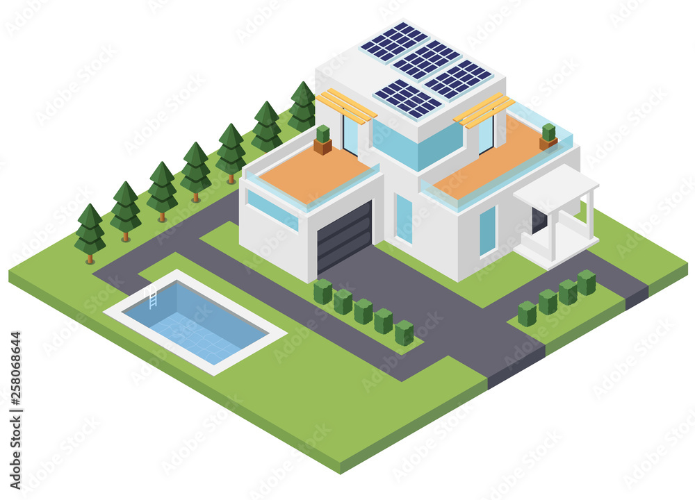 Modern house with solar supply. Alternative energy. Isometric view 3d vector illustartion isolated Modern house with solar supply. Alternative energy. Isometric view 3d vector illustartion isolated