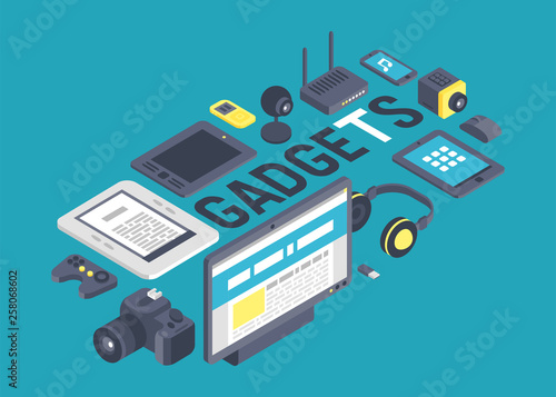 Gadget pattern vector digital device with display of laptop tablet camera isometric illustration backdrop of electronic equipment virtual headset smartphone headphone background