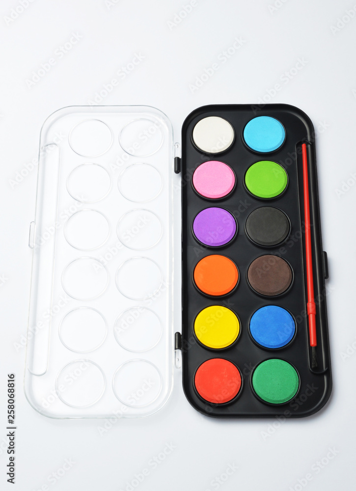 Watercolor paints box on white background Watercolor paints box on white background