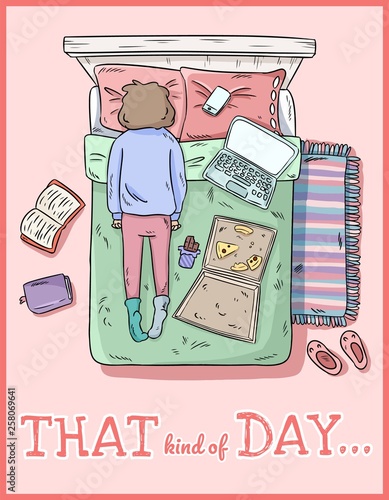 That kind of day. PMS. Tired girl. Mess at home. Comic style image